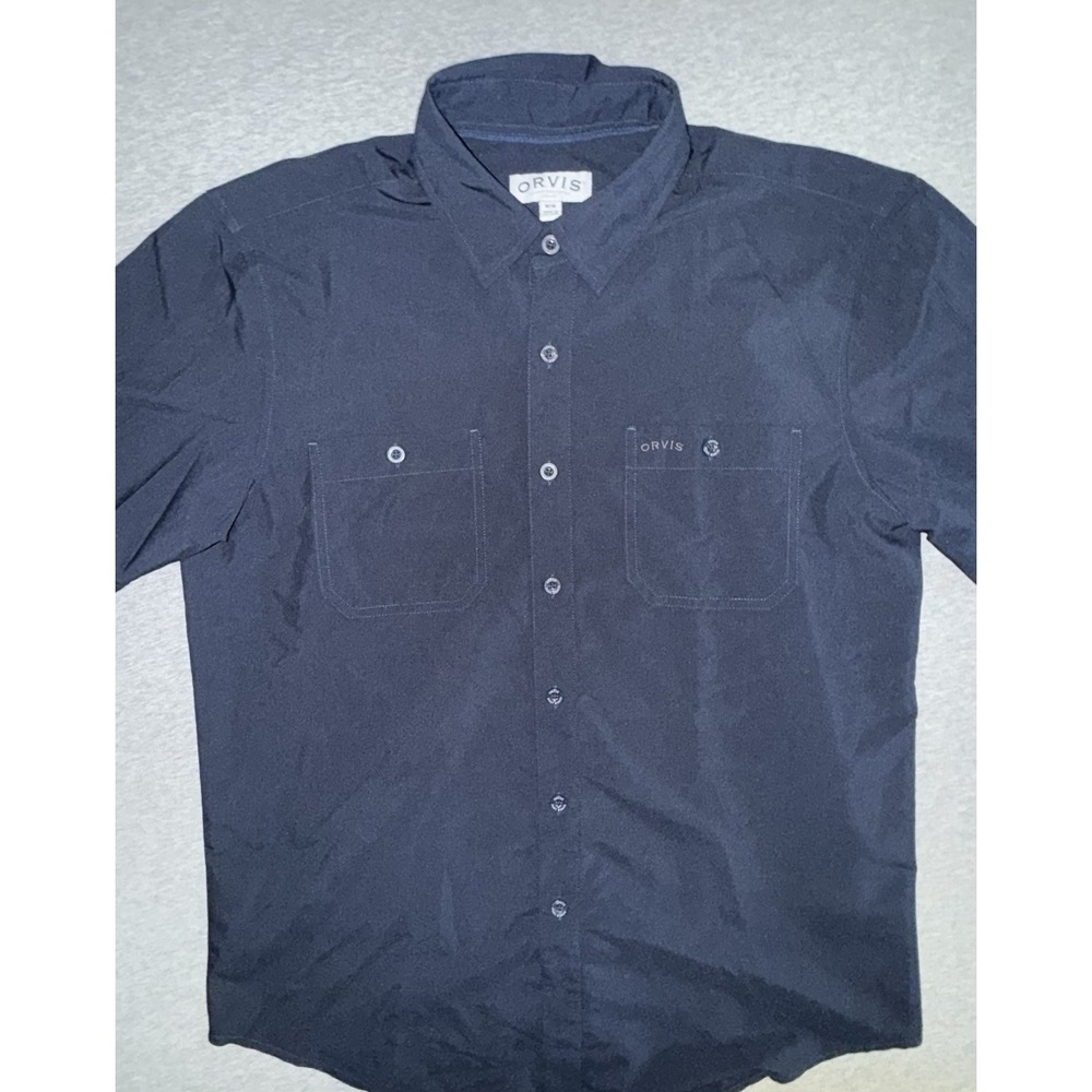 Orvis Mens Classic Collection Blue Short Sleeve Button Up Shirt Pockets Size Med